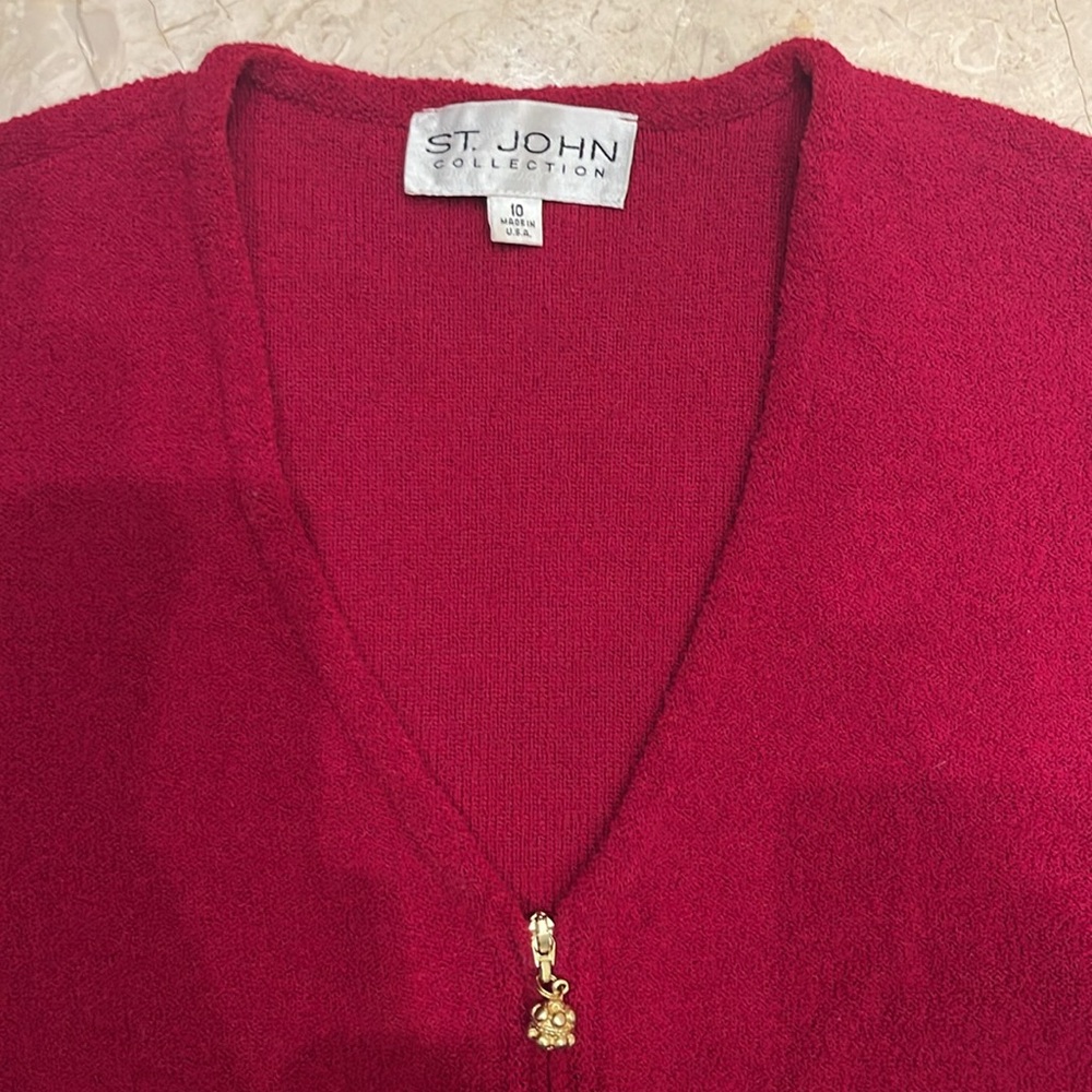 St. John Red Cardigan with Embellished Sleeves front hidden Sipper🌹
